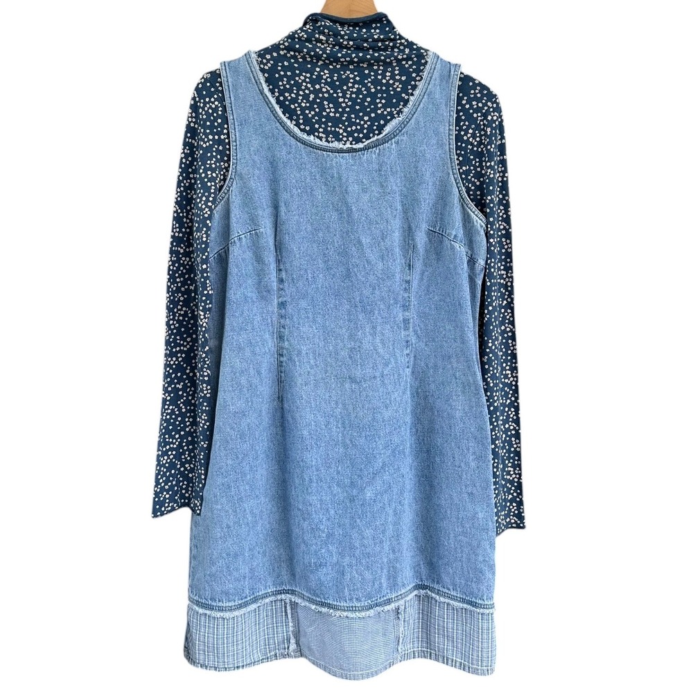 True Blue Vintage 100% Cotton Denim Jumper Dress Plaid Patchwork 90s Y2K Size XL